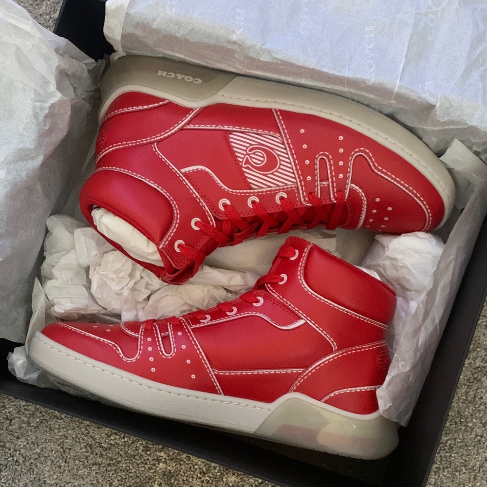 Coach Red and White High-Top Sneakers